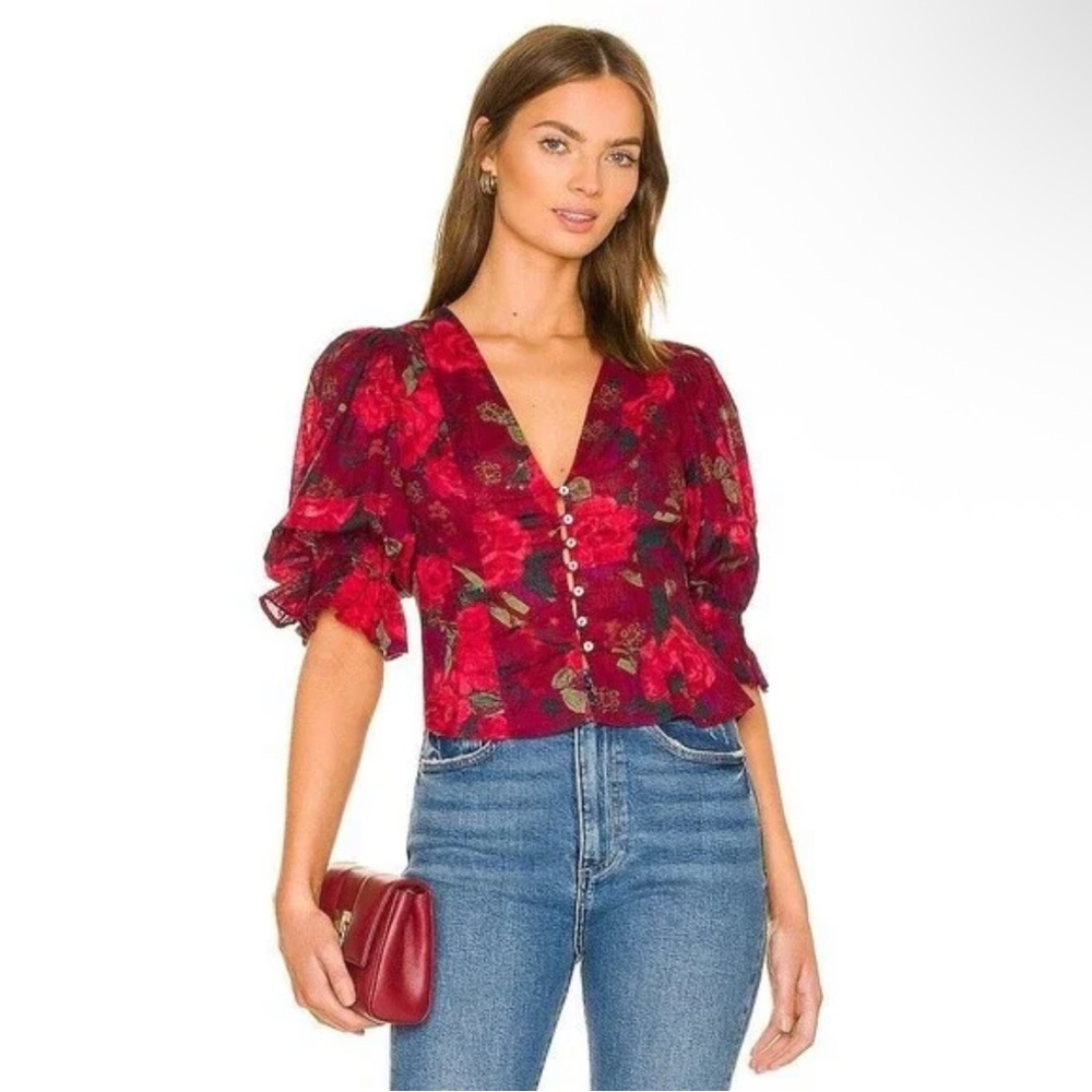 Floral Red Blouse with Puff Sleeves